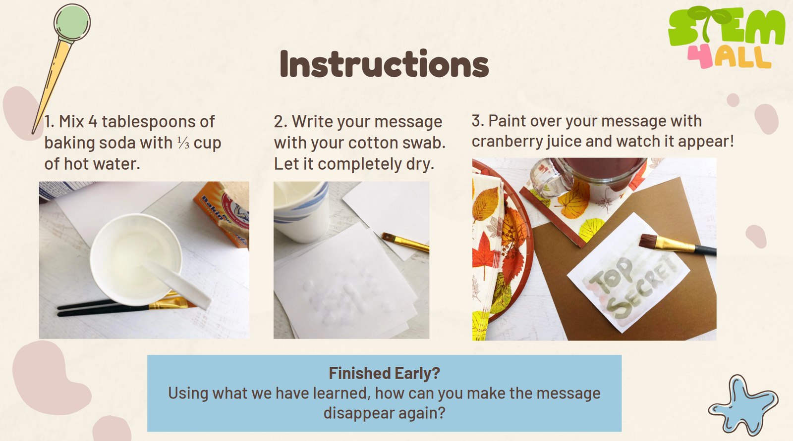 Instructions to make invisible ink